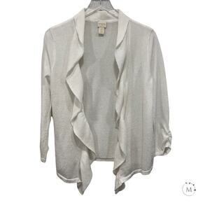 Chico's Size S White Cardigan Top Ruffle Trim Open Front 3/4 Sleeve